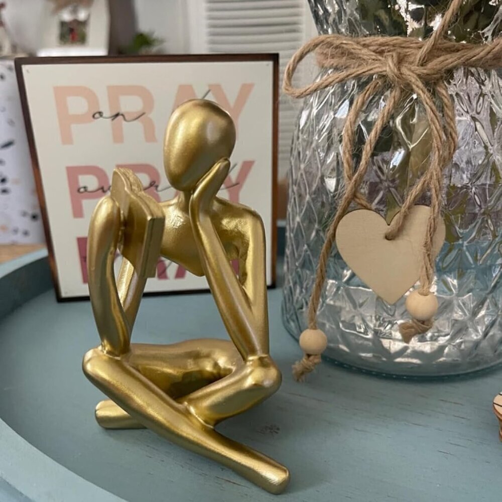 🆕Gold Reading Statue Thinker Sculptures Abstract Art Ornament Décor
